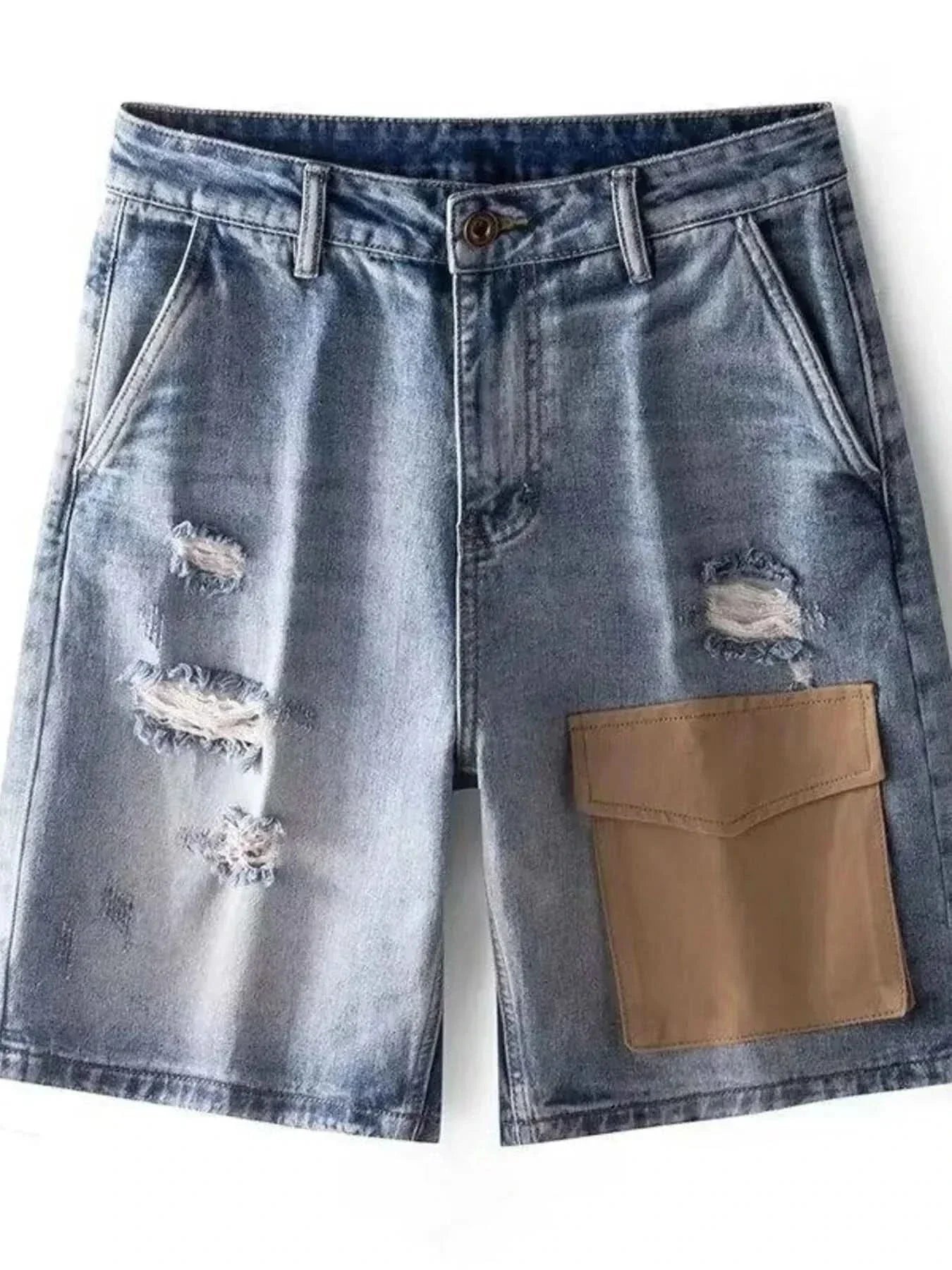 Men's distressed denim shorts with brown utility pocket and ripped detailing