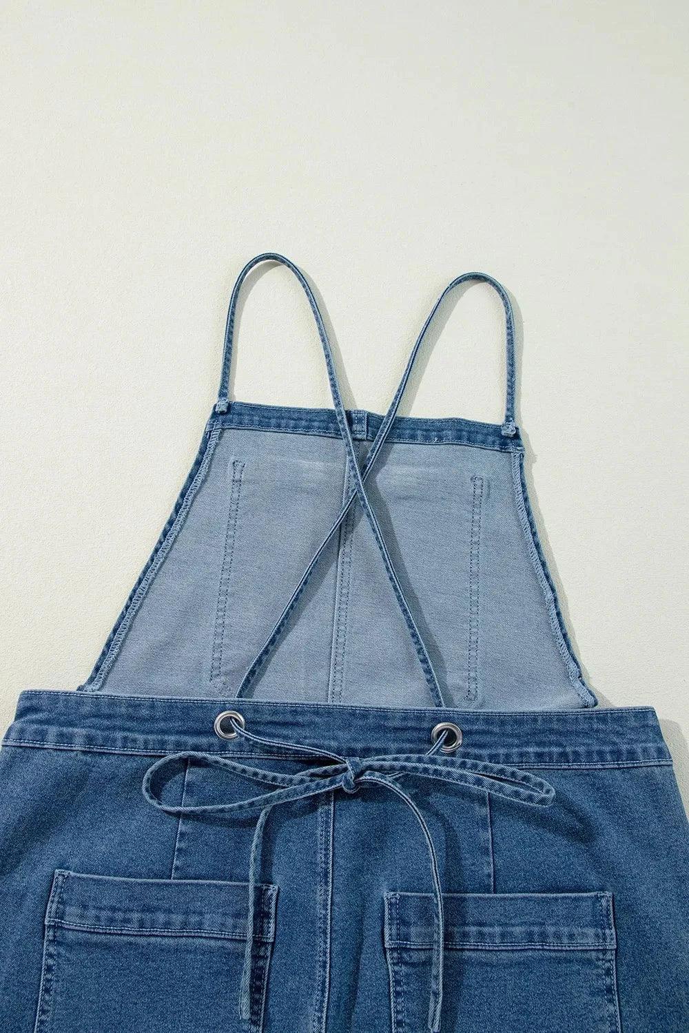 Adjustable Tie Straps Wide Leg Denim Overalls - VILLA FASHION