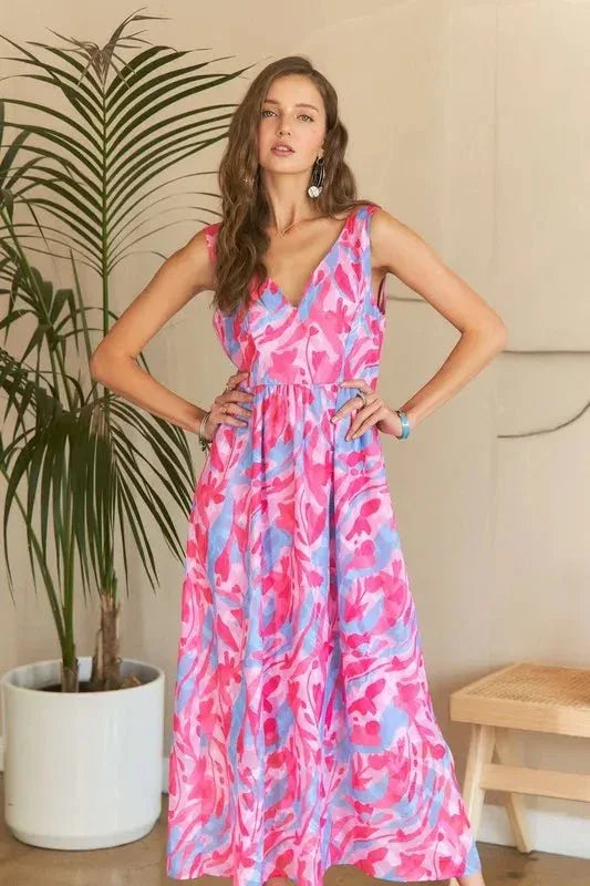 ADORA Abstract Floral V - Neck Maxi Dress - VILLA FASHION