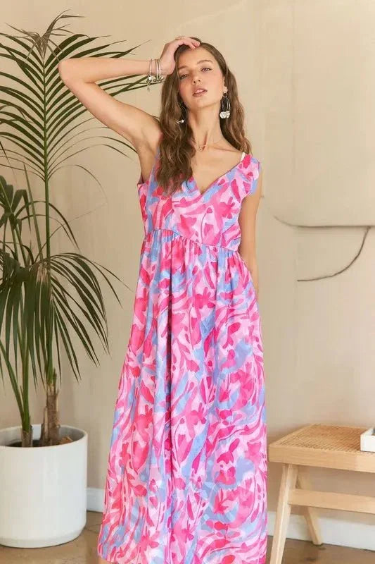 ADORA Abstract Floral V - Neck Maxi Dress - VILLA FASHION