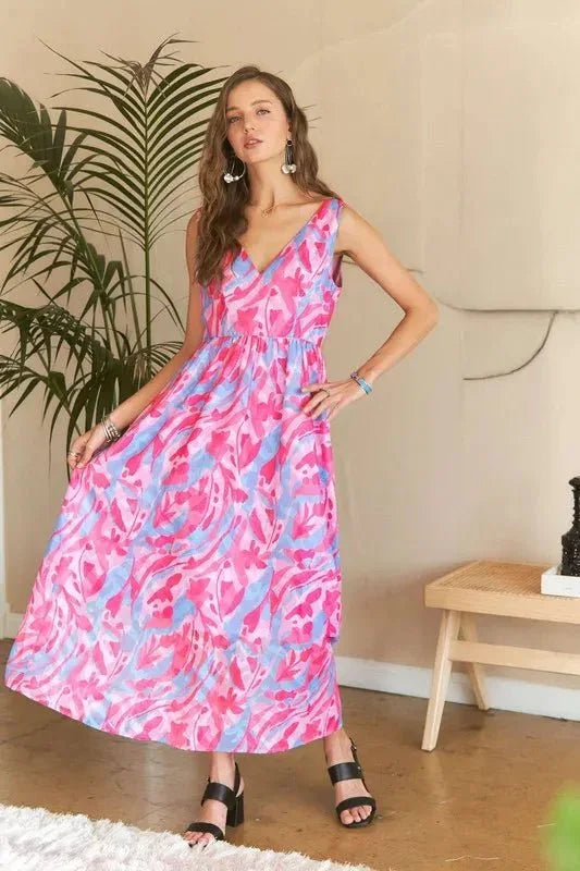 ADORA Abstract Floral V - Neck Maxi Dress - VILLA FASHION