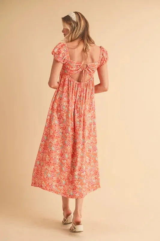 Aemi + Co Cutout Back Floral Square Neck Puff Sleeve Midi Dress - VILLA FASHION