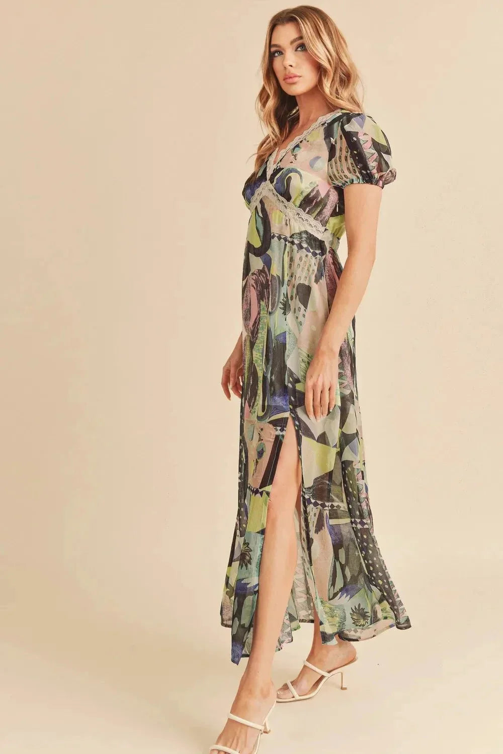 Aemi + Co Lace Detail Slit Geometric Print Short Sleeve Maxi Dress - VILLA FASHION
