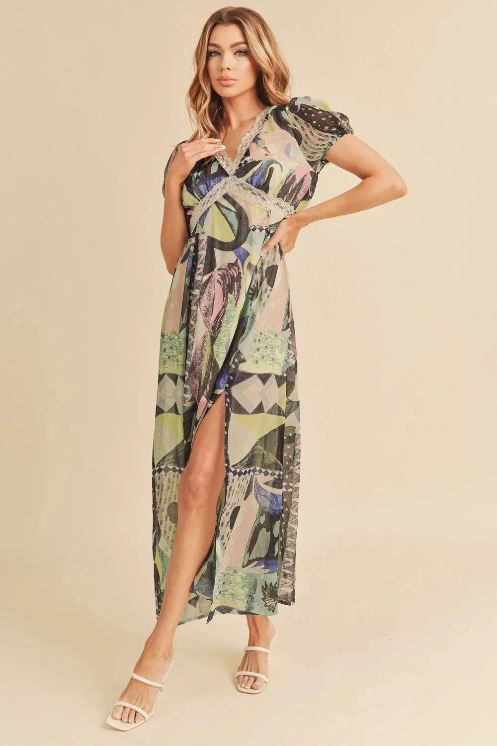 Aemi + Co Lace Detail Slit Geometric Print Short Sleeve Maxi Dress - VILLA FASHION