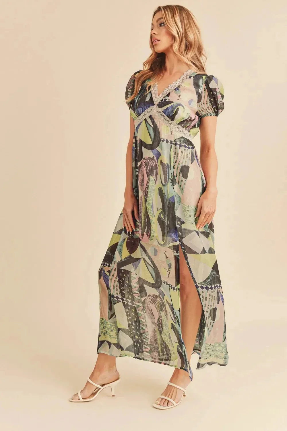 Aemi + Co Lace Detail Slit Geometric Print Short Sleeve Maxi Dress - VILLA FASHION