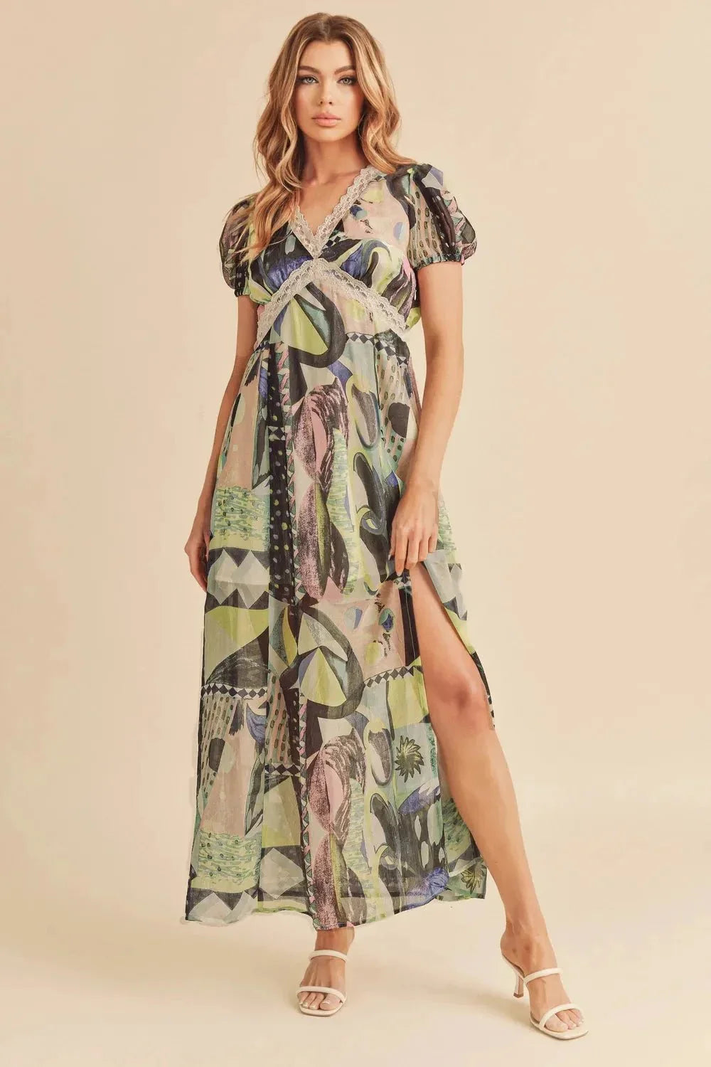 Aemi + Co Lace Detail Slit Geometric Print Short Sleeve Maxi Dress - VILLA FASHION