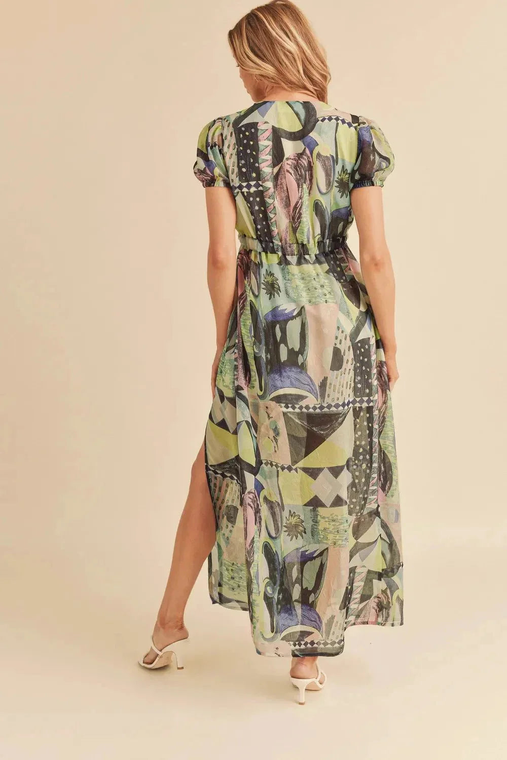 Aemi + Co Lace Detail Slit Geometric Print Short Sleeve Maxi Dress - VILLA FASHION