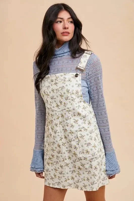 Annie Wear Stretch Ditsy Print Denim Overall Mini Dress - VILLA FASHION