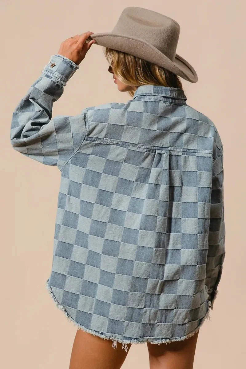 BiBi Frayed Edged Detail Washed Checker Denim Shirt - VILLA FASHION