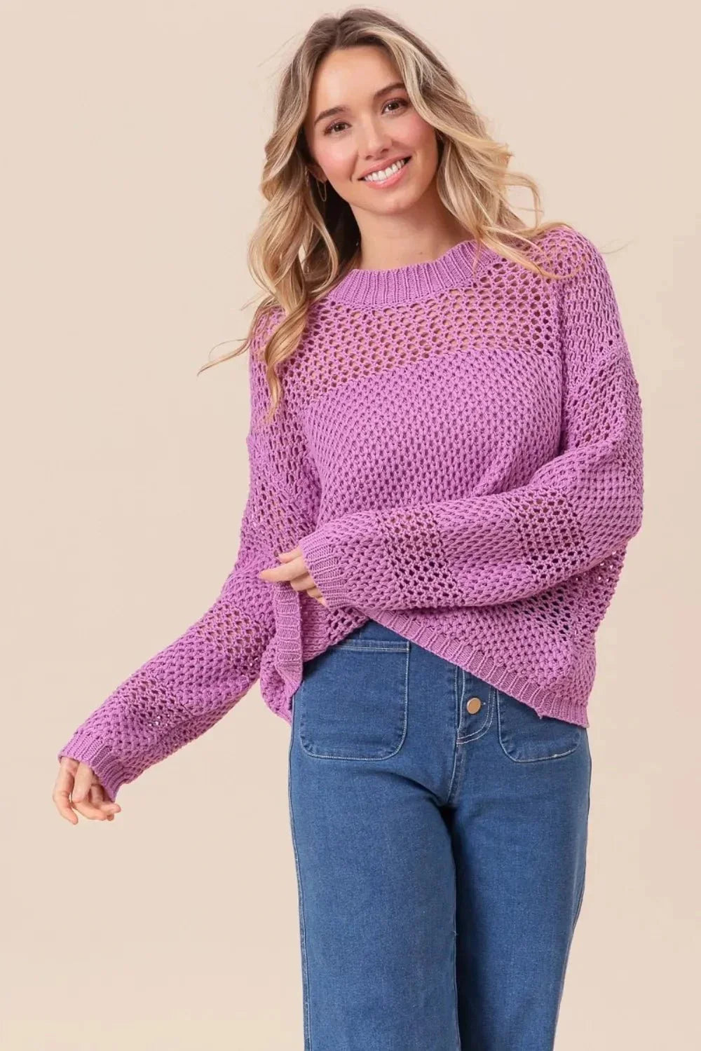 BiBi Openwork Long Sleeve Knit Top - VILLA FASHION
