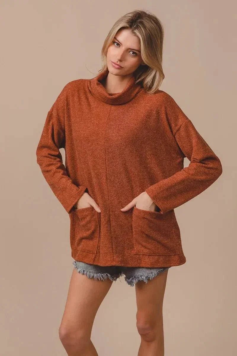 BiBi Piper Rib Double Pocket Turtle Neck Sweater - VILLA FASHION