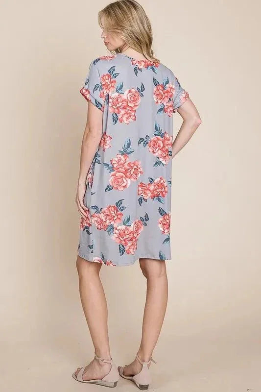 BOMBOM Floral Round Neck Short Tee Dress with Pockets - VILLA FASHION