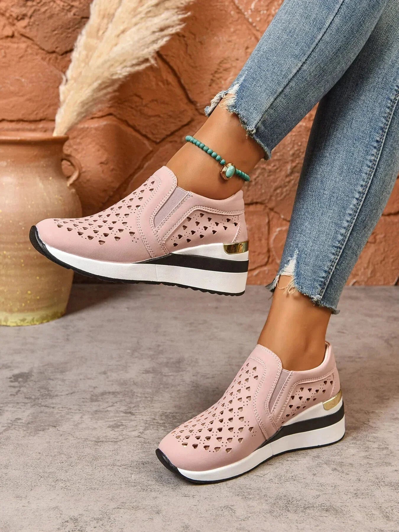 Breathable Cutout Wedge Sneakers - VILLA FASHION