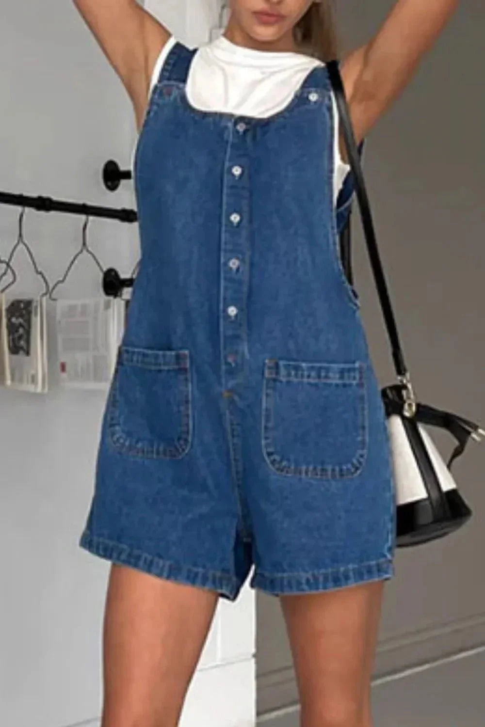 Button Front Denim Overall Shorts with Front Pockets - VILLA FASHION