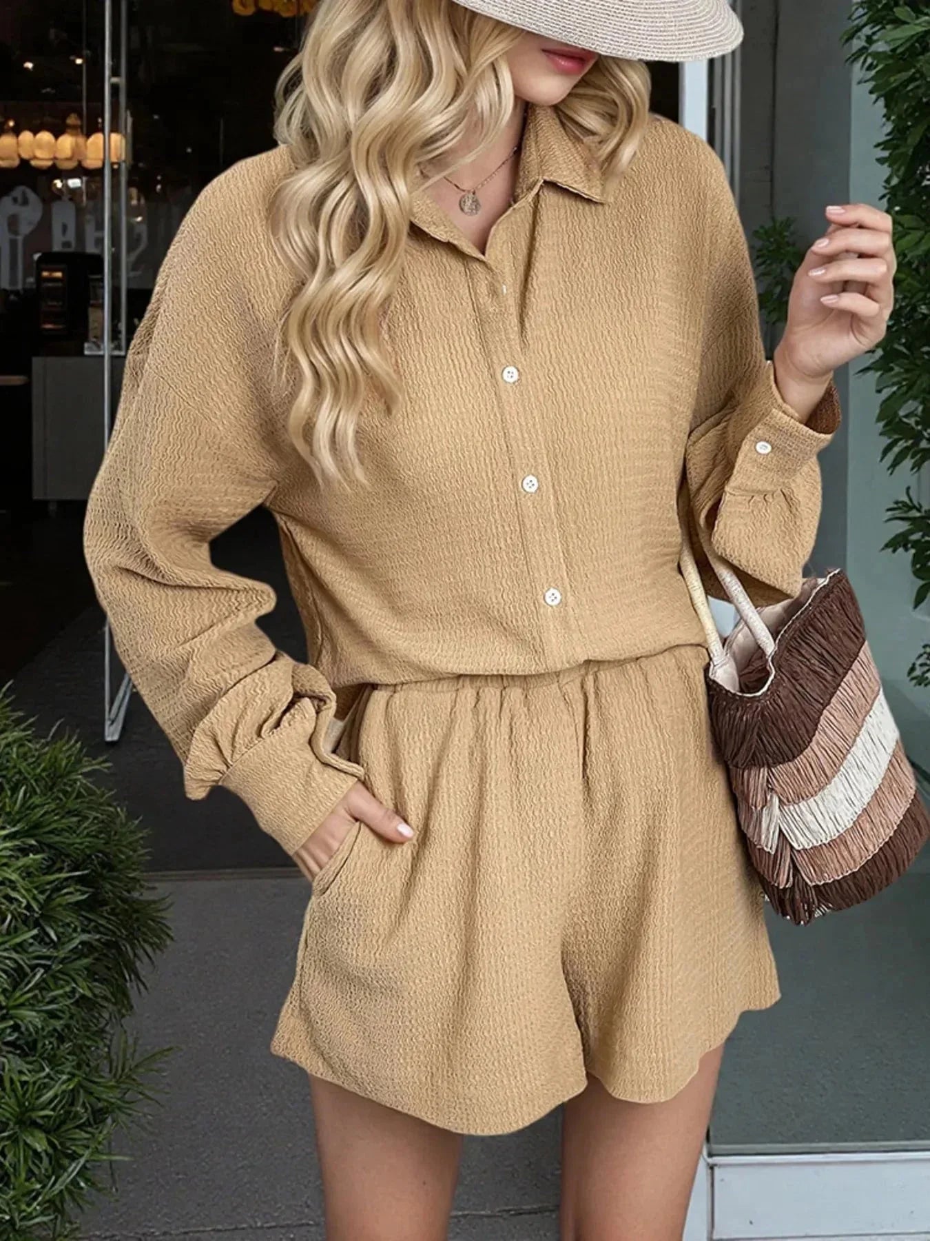 Button Up Long Sleeve Shirt and Shorts Set - VILLA FASHION