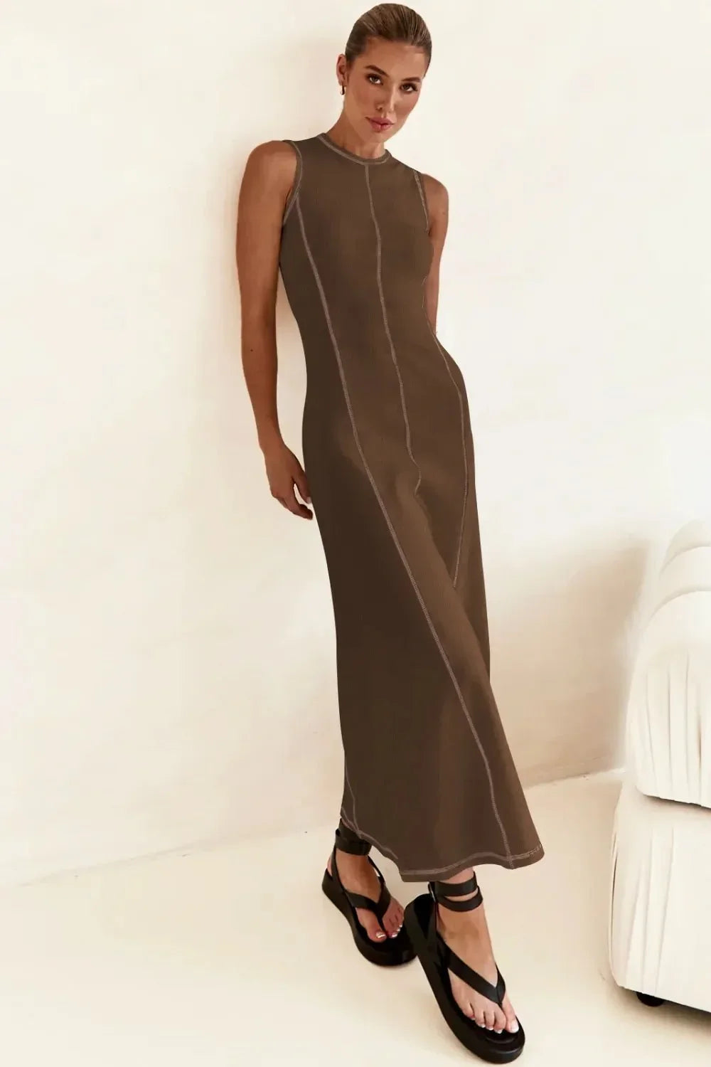 Contrast Stitching Maxi Tank Dress - VILLA FASHION