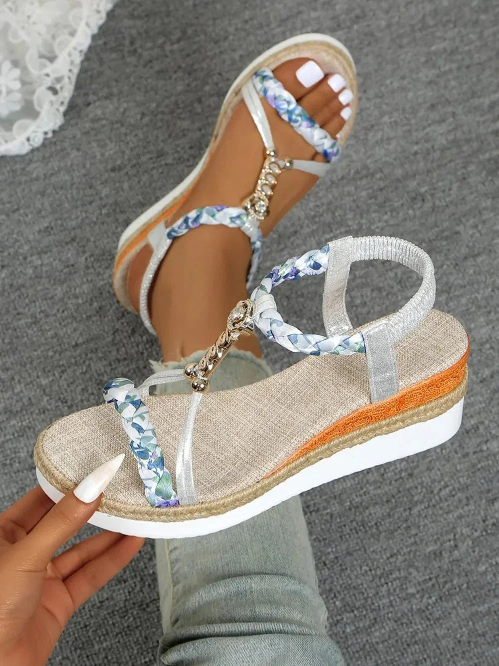 Contrast Woven Wedge Sandals - VILLA FASHION