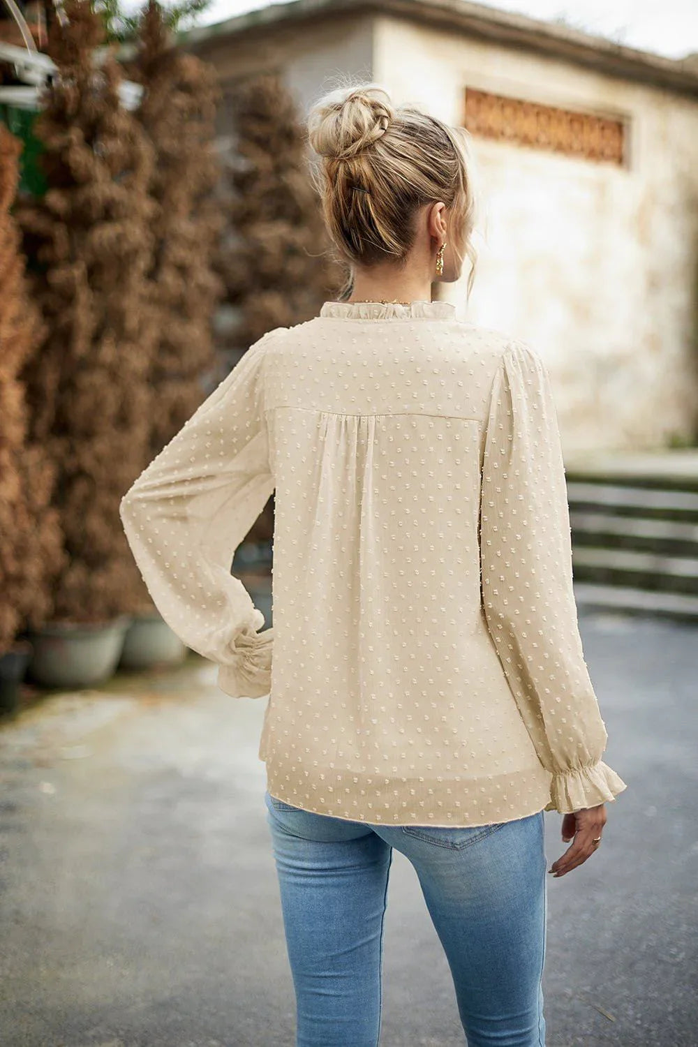 Devine Swiss Dot Smocked Shoulder Blouse - VILLA FASHION