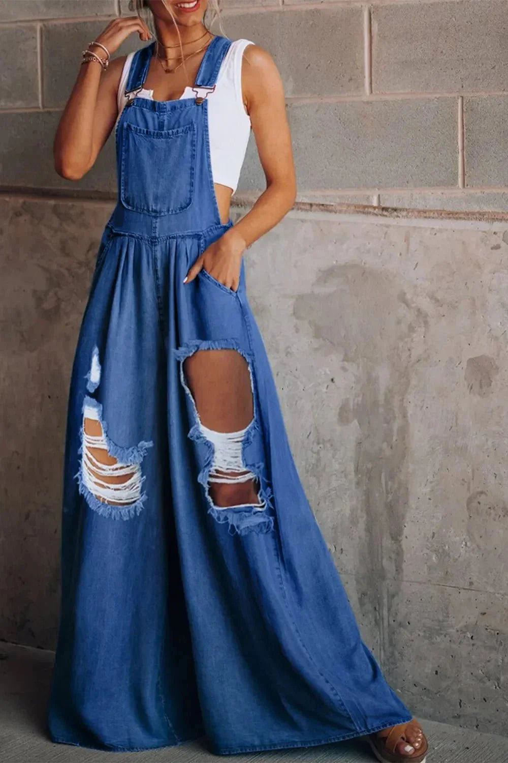 Distressed Wide Leg Denim Overalls - VILLA FASHION