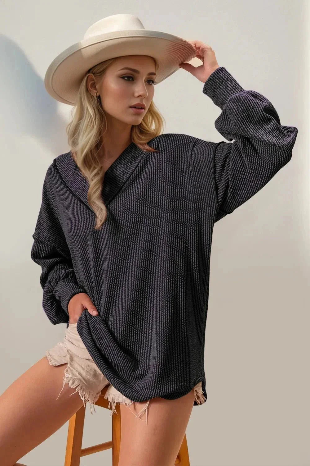 Double Take Exposed Seam Ribbed Textured V - Neck Long Sleeve T-Shirt - VILLA FASHION