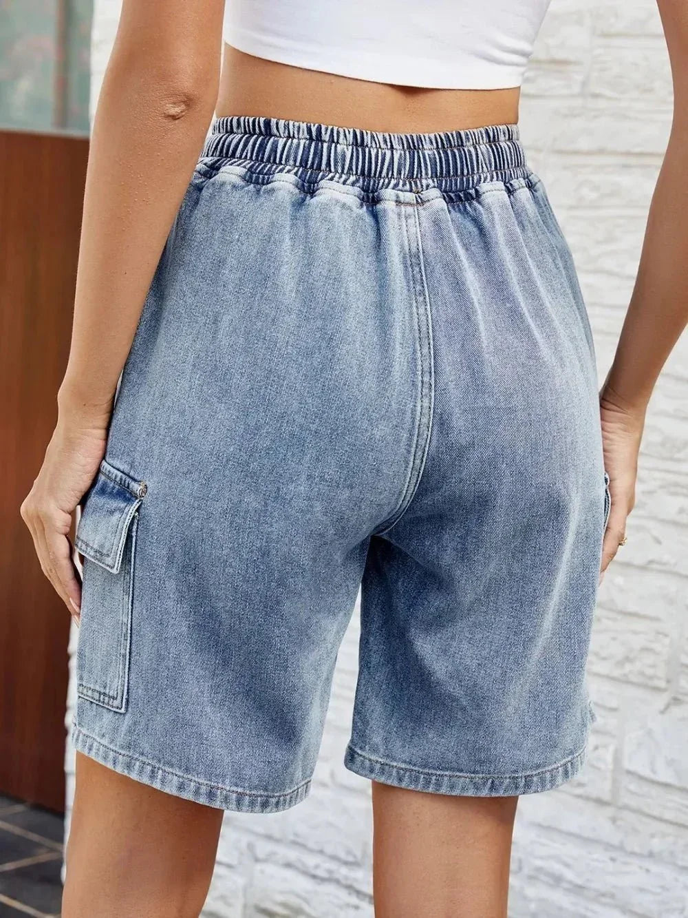 Drawstring Denim Shorts with Pockets - VILLA FASHION
