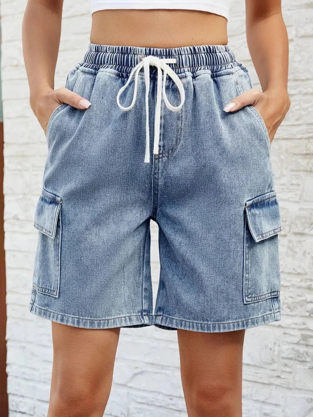 Drawstring Denim Shorts with Pockets - VILLA FASHION