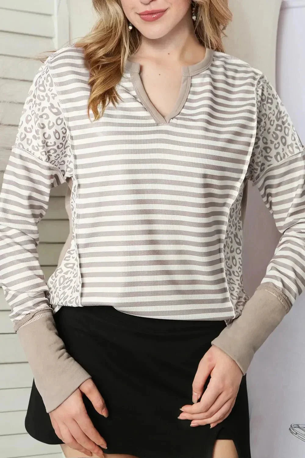 Exposed Seam Striped Notched Blouse - VILLA FASHION