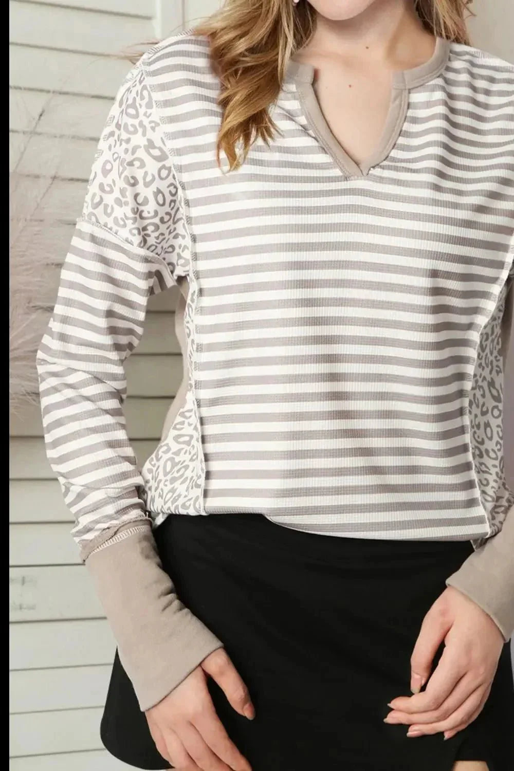Exposed Seam Striped Notched Blouse - VILLA FASHION