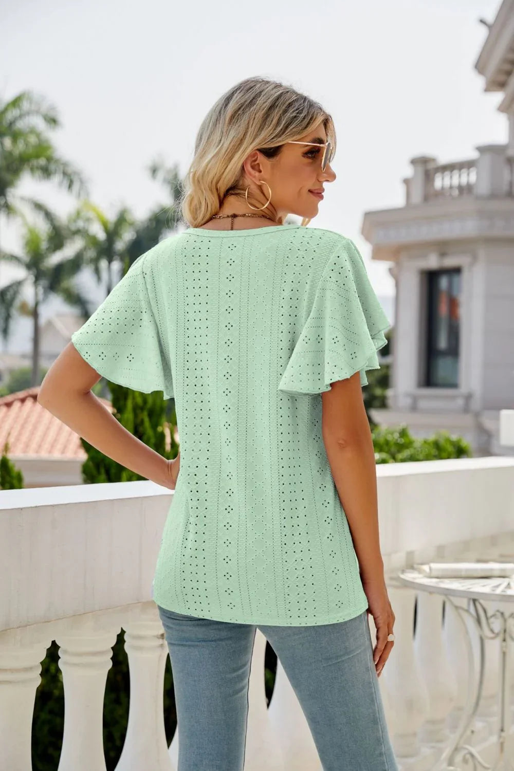 Eyelet Flutter Sleeve Round Neck Top - VILLA FASHION