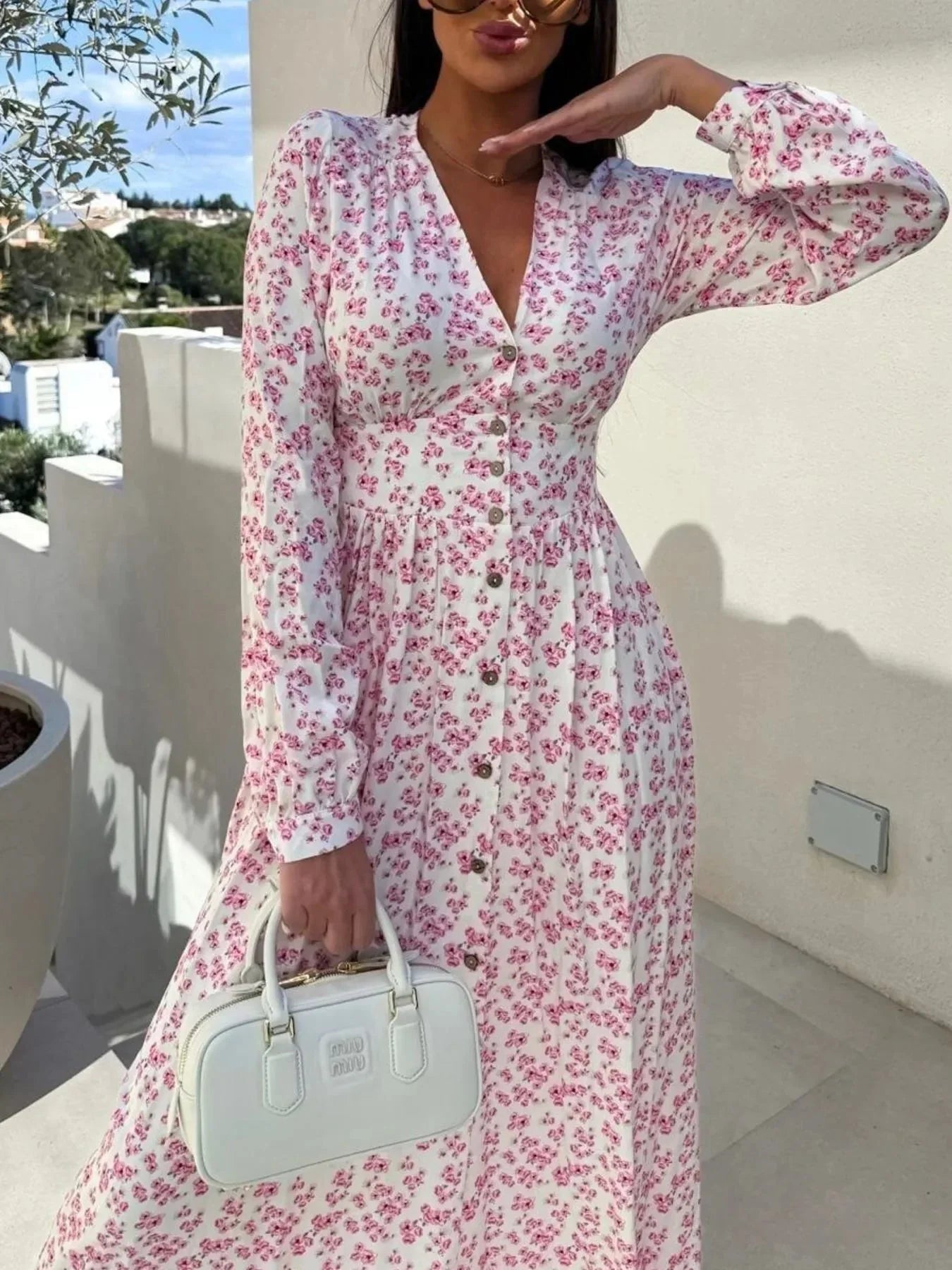 Floral Print Long Sleeve V - Neck Dress - VILLA FASHION