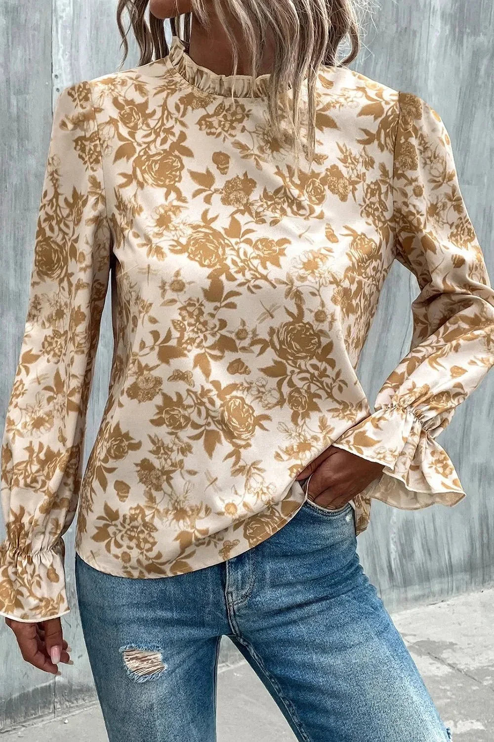 Floral Print Mock Neck Flounce Sleeve Blouse - VILLA FASHION