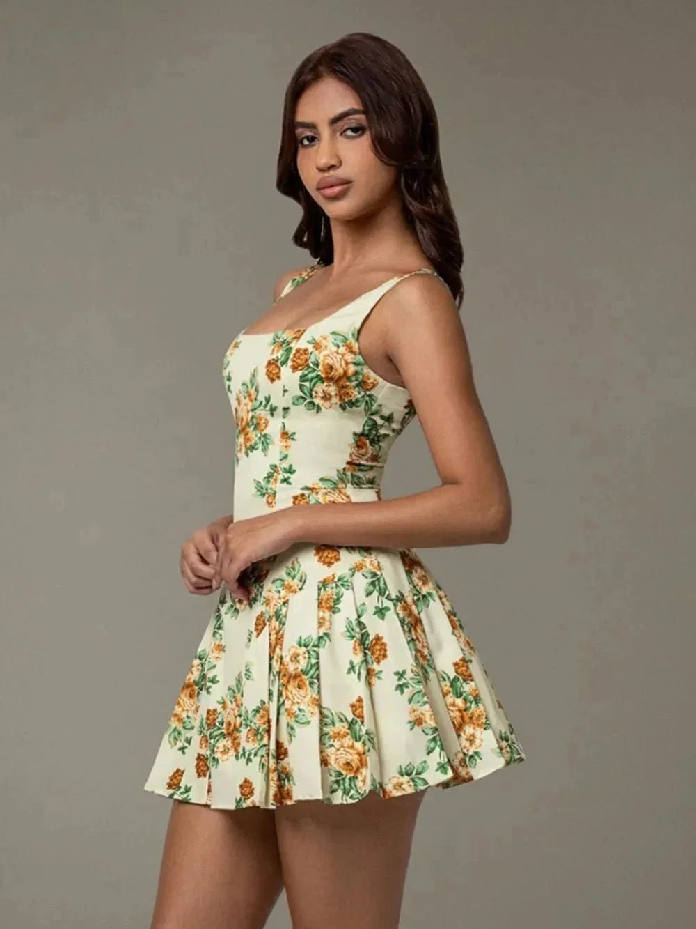 Floral Sleeveless Mini Pleated Dress - VILLA FASHION