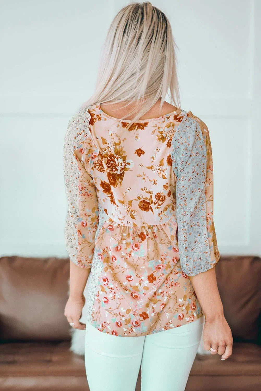 Floral V - Neck Babydoll Blouse - VILLA FASHION