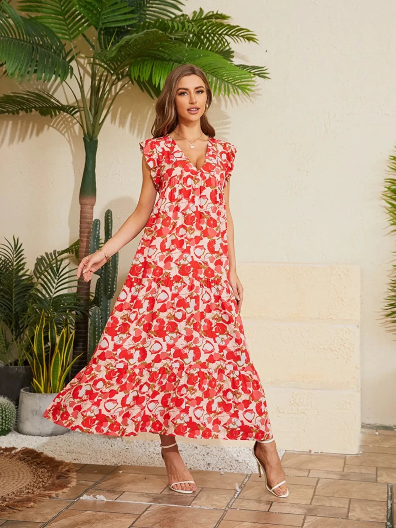Floral V - Neck Cap Sleeve Summer Dress - VILLA FASHION