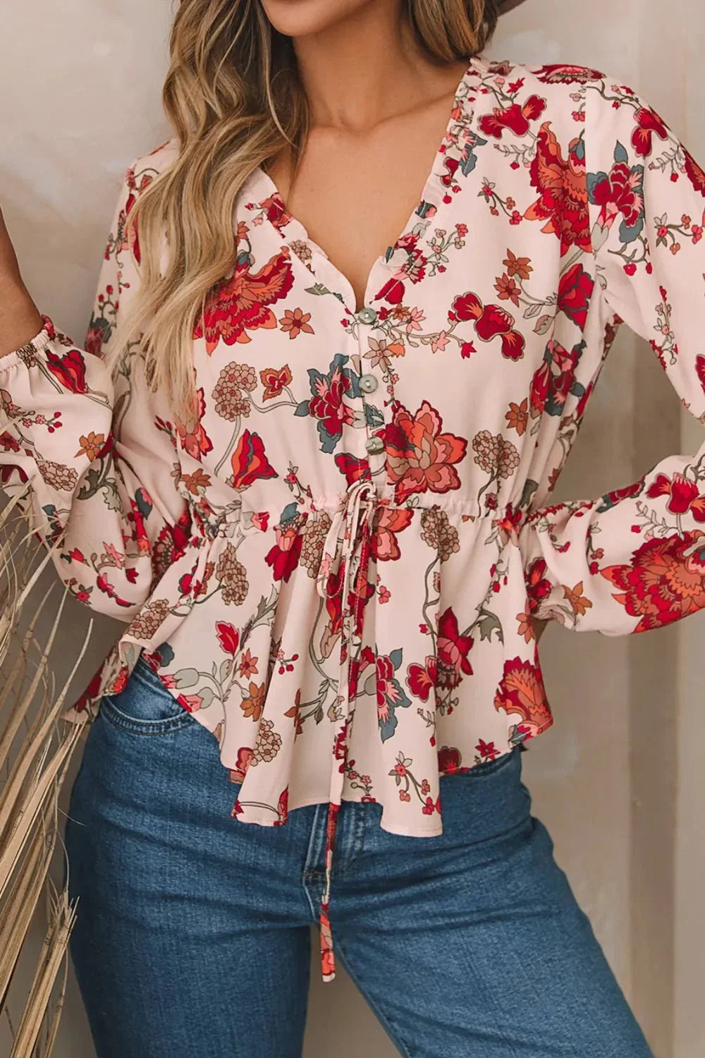 Floral V - Neck Drawstring Peplum Blouse - VILLA FASHION