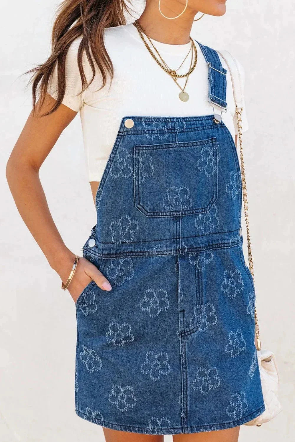 Flower Print Square Neck Denim Overall Dress - VILLA FASHION