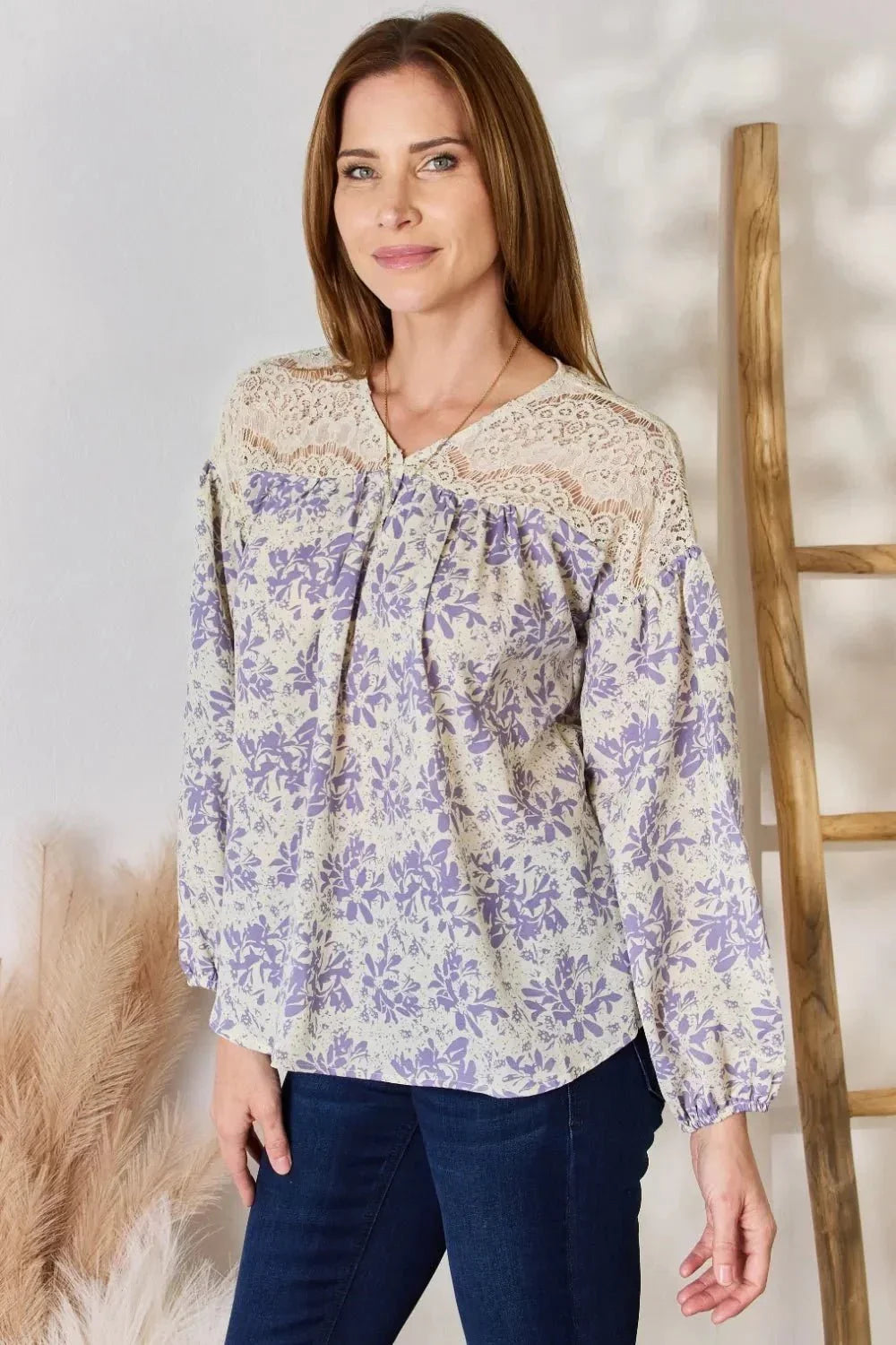 Hailey & Co Full Size Lace Detail Printed Blouse - VILLA FASHION