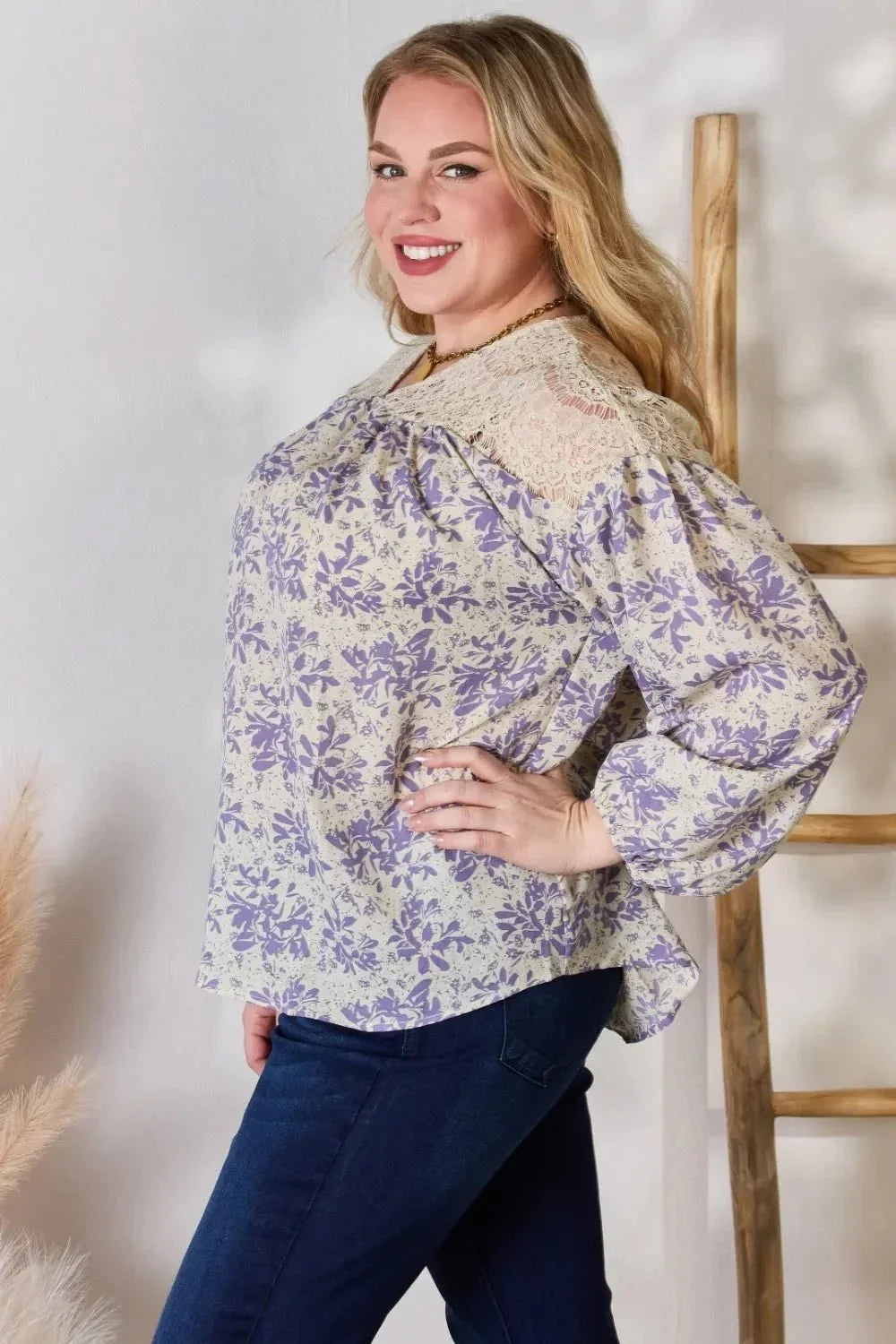 Hailey & Co Full Size Lace Detail Printed Blouse - VILLA FASHION