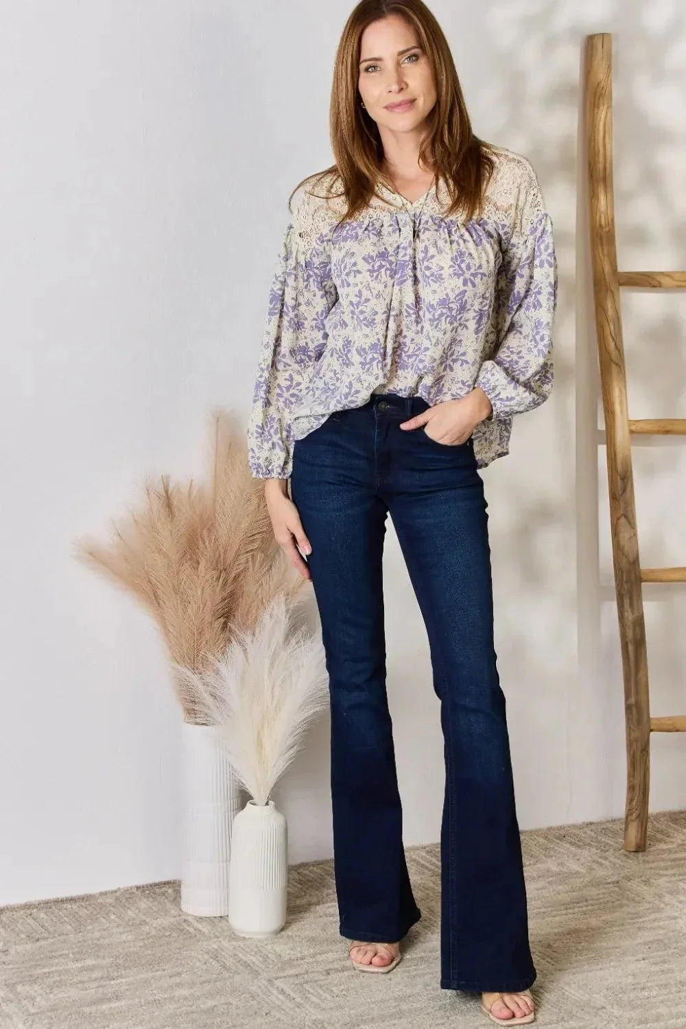 Hailey & Co Full Size Lace Detail Printed Blouse - VILLA FASHION