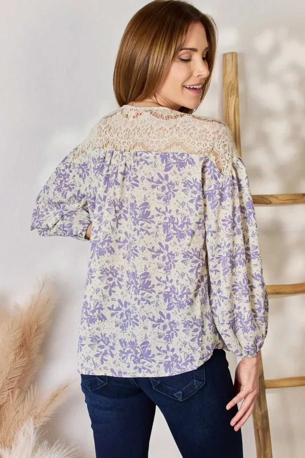 Hailey & Co Full Size Lace Detail Printed Blouse - VILLA FASHION