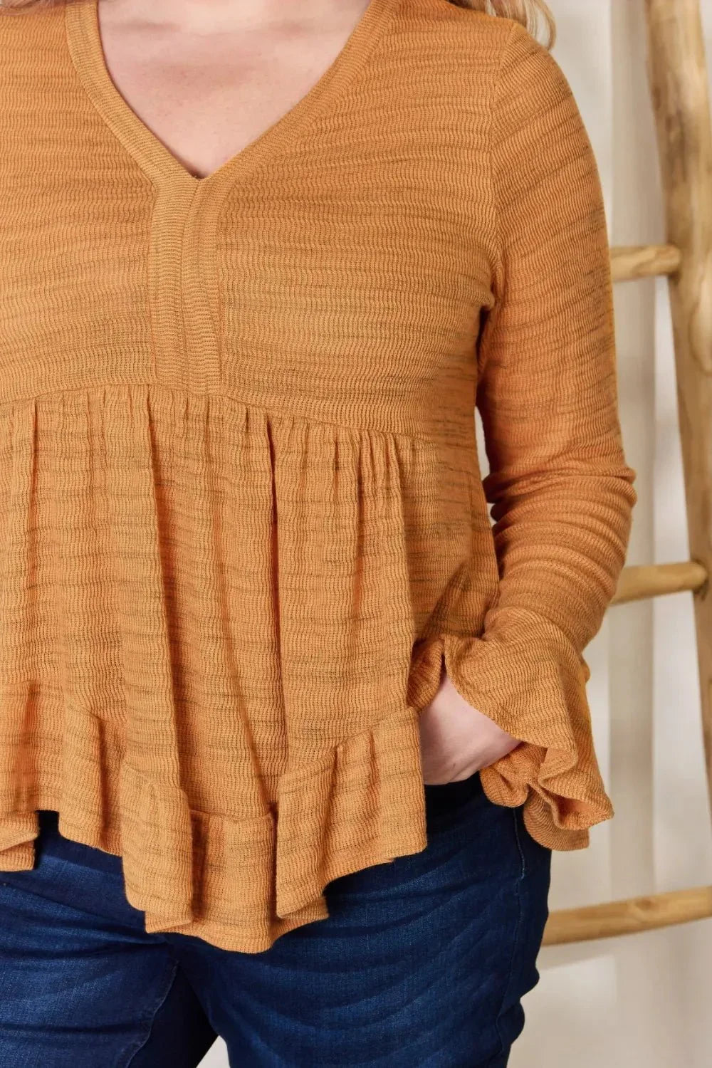 Hailey & Co Full Size V - Neck Flounce Sleeve Blouse - VILLA FASHION