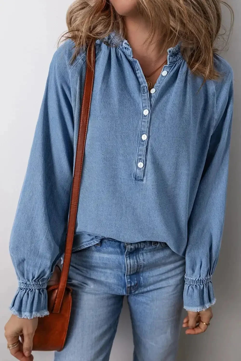 Half Button Long Sleeve Denim Top - VILLA FASHION