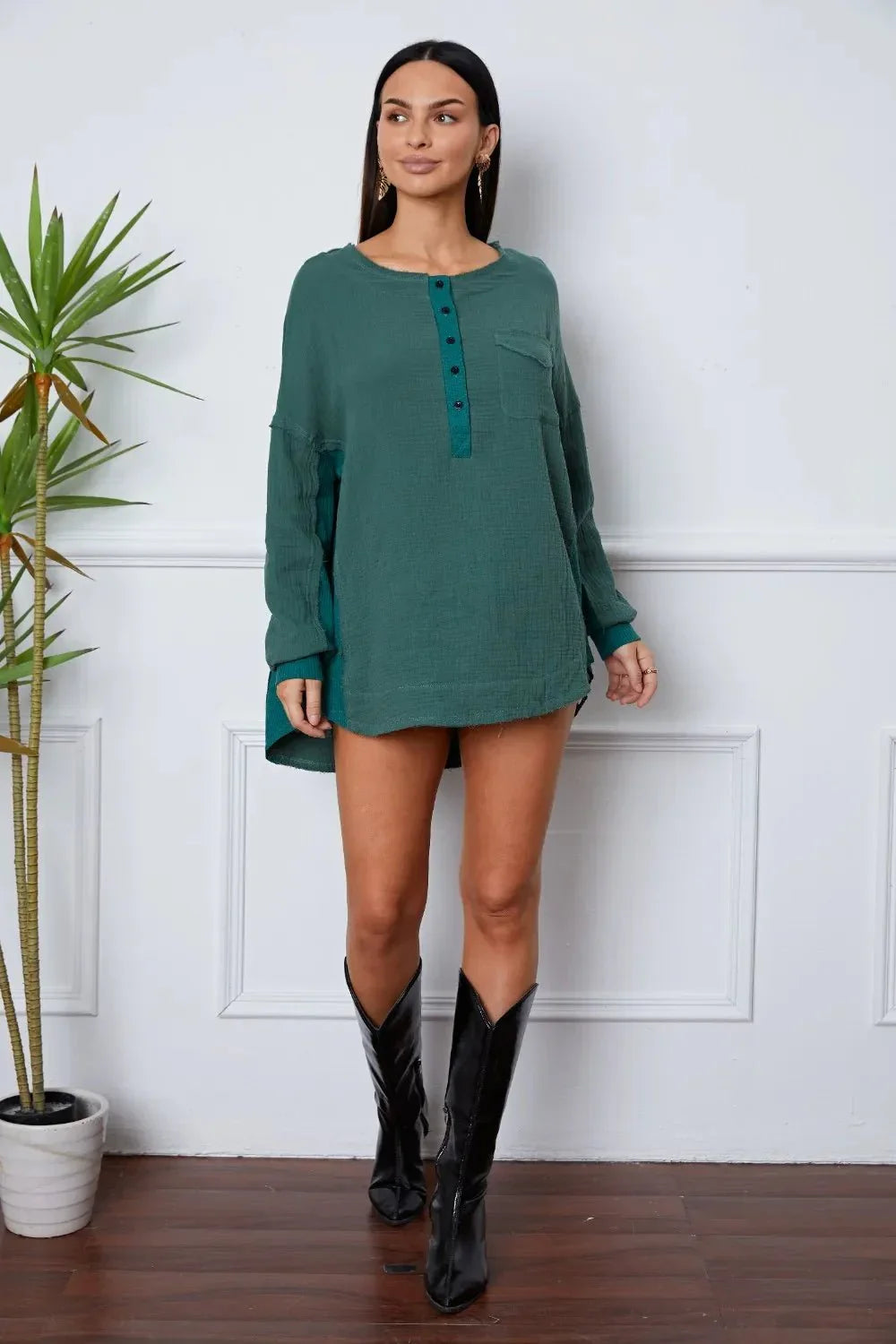 Half Button Up Round Neck Blouse - VILLA FASHION
