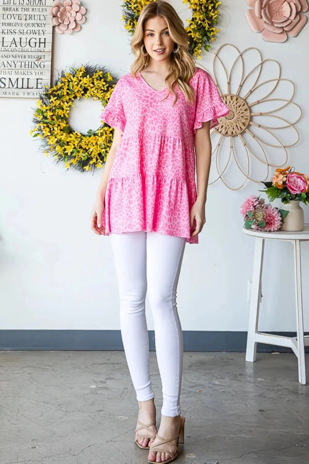 Heimish Full Size Leopard Ruffle Trim Short Sleeve Top - VILLA FASHION