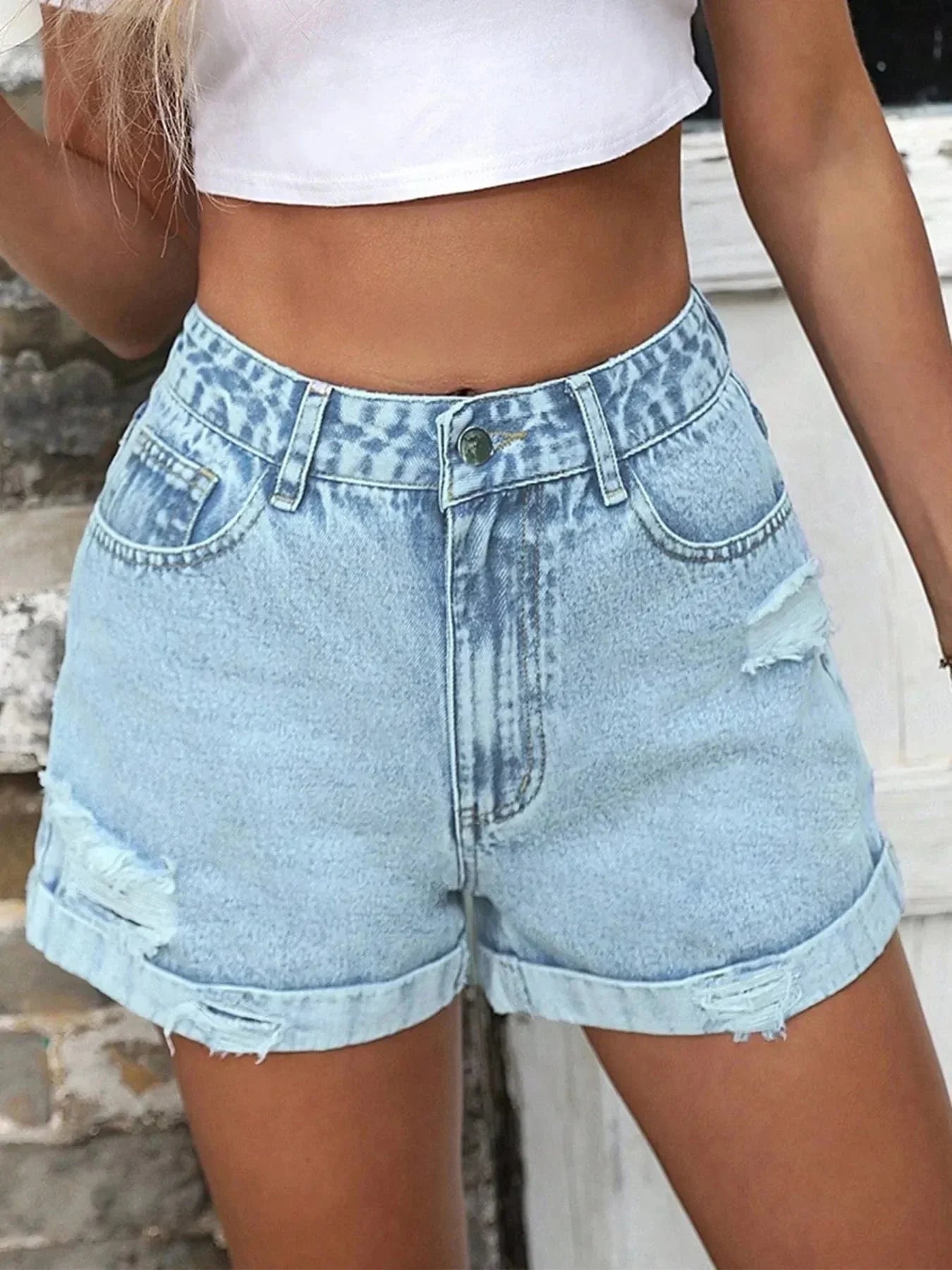 High - Waisted Distressed Denim Shorts - VILLA FASHION