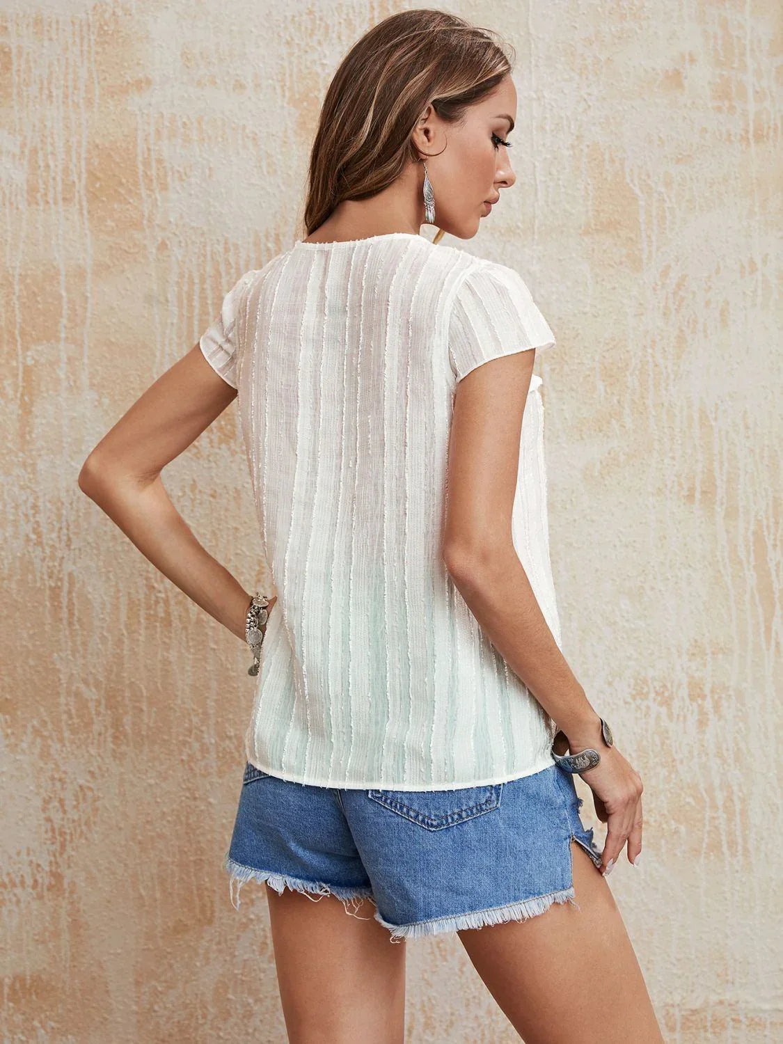 Honey Tie Neck Ruffled Short Sleeve Blouse - VILLA FASHION