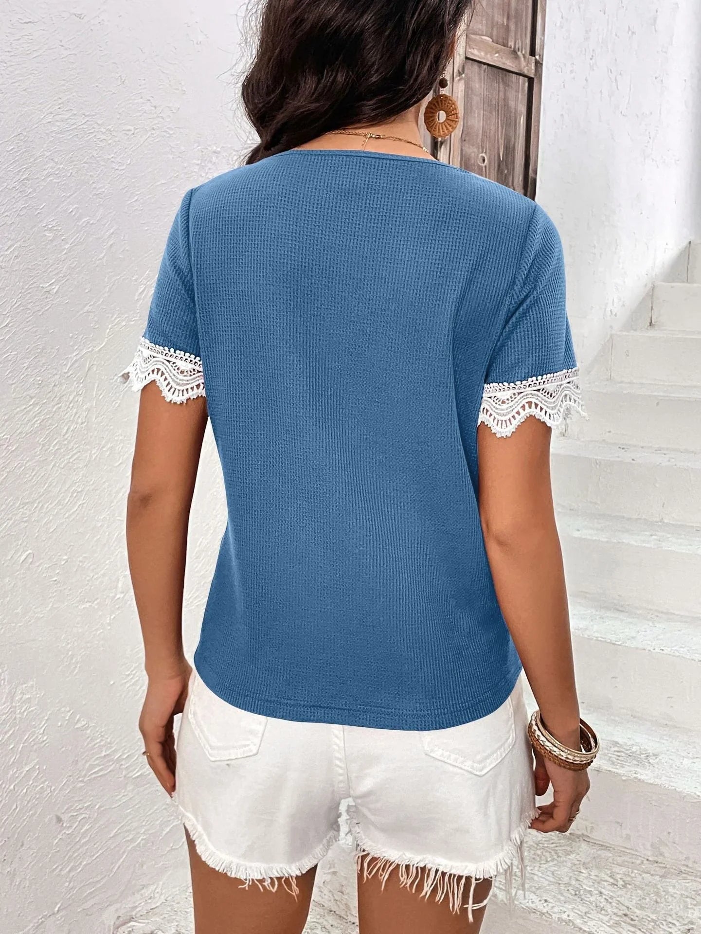 Ivy Lane Decorative Button Spliced Lace Short Sleeve Top - VILLA FASHION