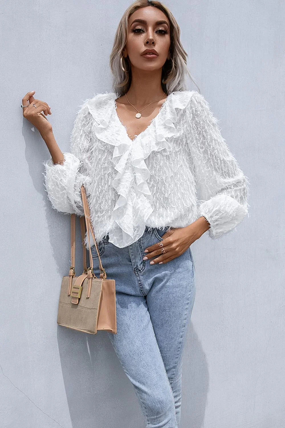 Ivy Lane Ruffle Hem Fringe V - Neck Balloon Sleeve Blouse - VILLA FASHION