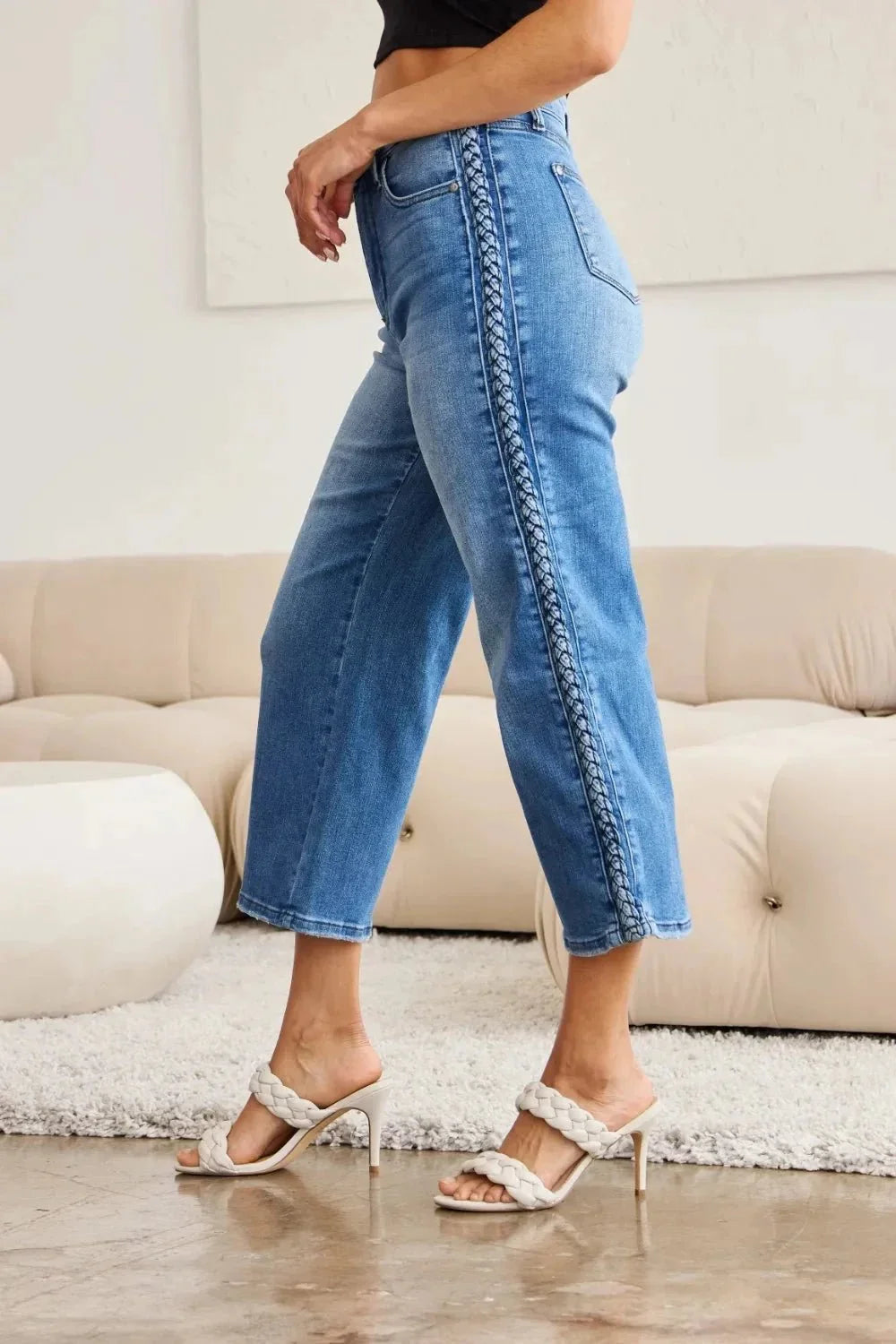 Judy Blue Full Size Braid Side Detail Wide Leg Jeans - VILLA FASHION
