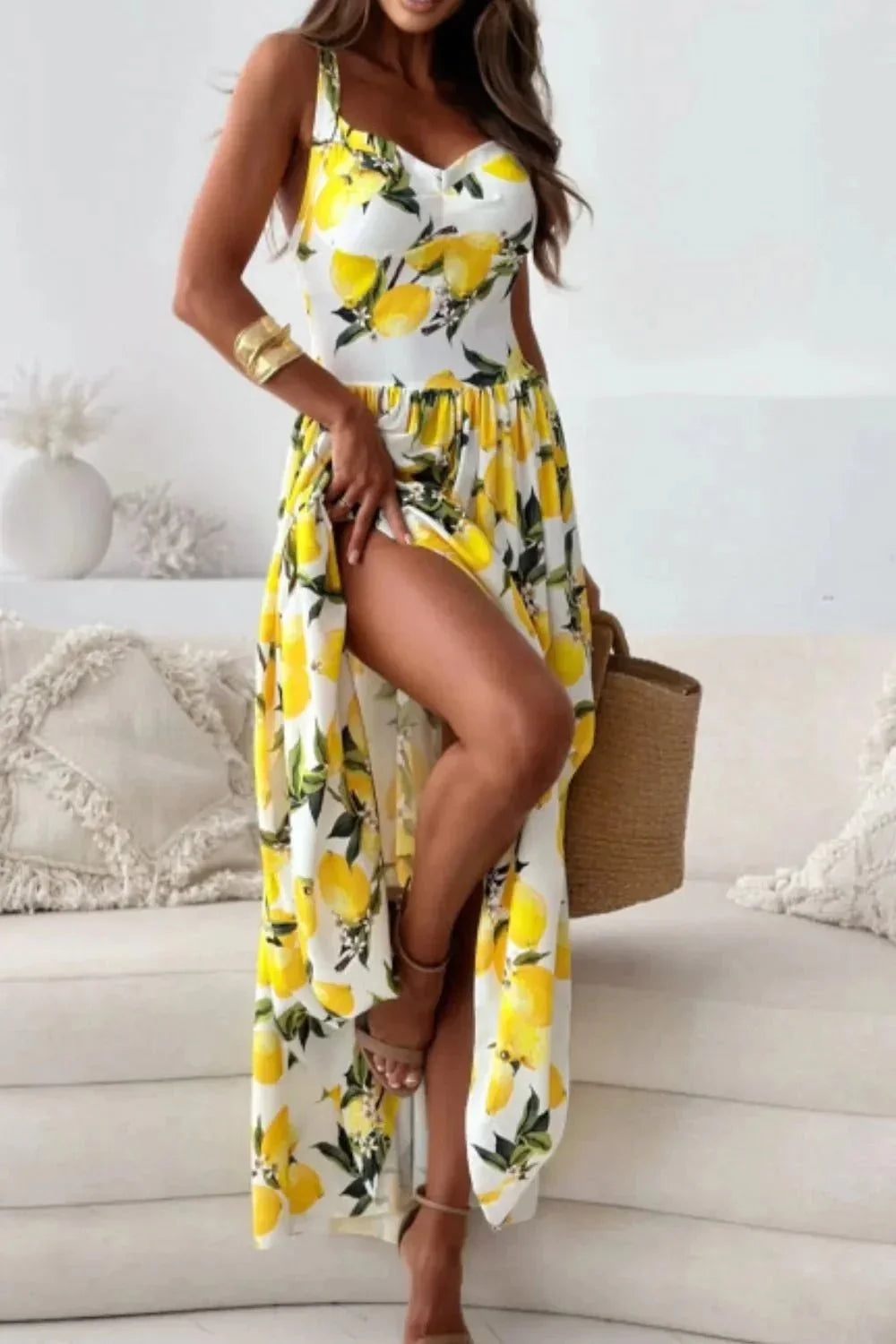 Lemon Print Sweetheart Neck Maxi Dress - VILLA FASHION